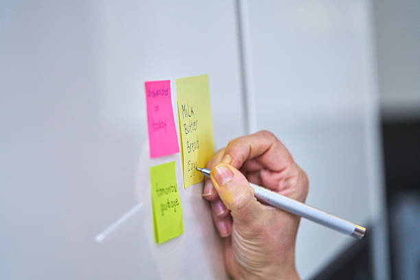 istock Writting Shopping List on Adhesive Note and Putting on Refrigirator 2207654071