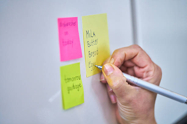 istock Writting Shopping List on Adhesive Note and Putting on Refrigirator 2207654154