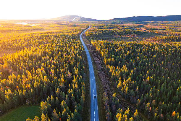kuvapankkikuvat ja rojaltivapaat kuvat aiheesta auto ajaa metsän halki, ilmakuva - finland nature