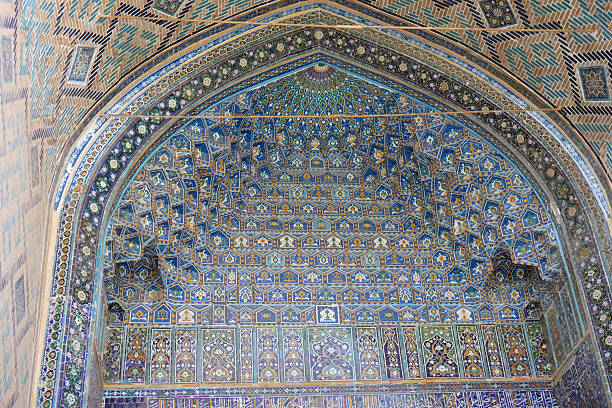 istock Colorful geometric patterns decorate the grand ceiling of historic architecture in Samarkand, Uzbekistan during daylight hours 2207668520