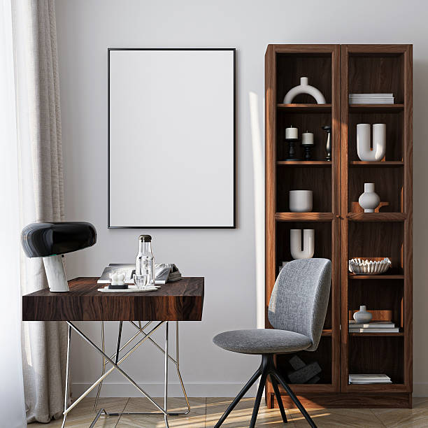 istock Poster mockup in a modern home office interior. Frame mockup with ISO A paper size. 3D illustration. 2207671429
