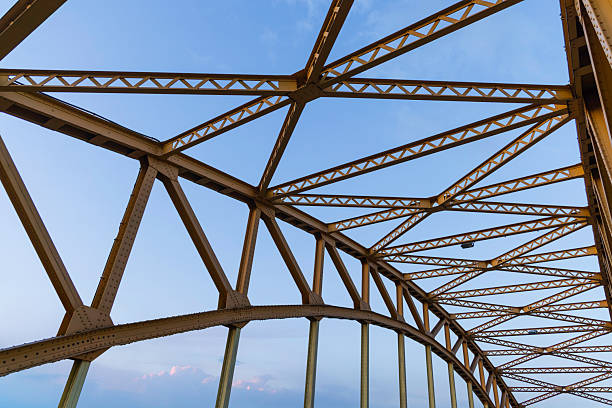 A detailed view of a bridge's metal framework displays the intricacies of its design, highlighted by the soft morning light and a clear blue sky, showcasing engineering precision.