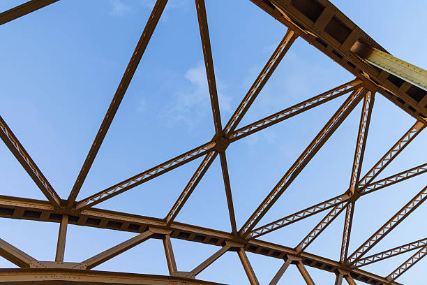 A detailed view of a bridge's metal framework displays the intricacies of its design, highlighted by the soft morning light and a clear blue sky, showcasing engineering precision.