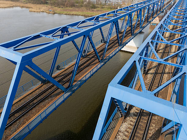 A well-structured blue metal bridge spans over a body of water, displaying intricate details of rail tracks positioned below. The view highlights modern engineering.