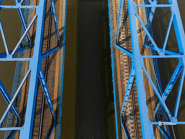 A well-structured blue metal bridge spans over a body of water, displaying intricate details of rail tracks positioned below. The view highlights modern engineering.