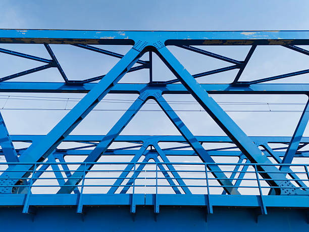 istock Blue metal bridge construction over water with rail tracks visible, showcasing engineering and design 2207674148