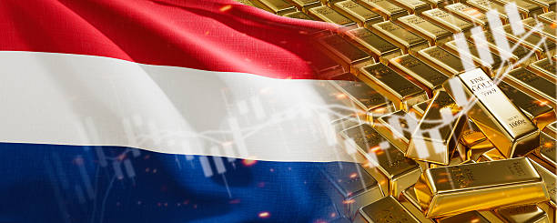 Gold bars with Netherlands flag. Chart simply precious metals stocks. National foreign-exchange reserve banking economy system. Golden reserve. 3d image