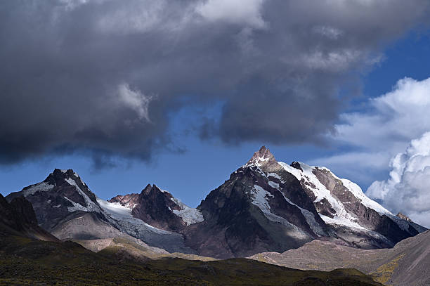 Snowy mountains and storm clouds in the Vilcanota mountain range. Pacchanta, Cusco, Peru