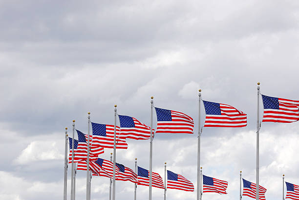 istock USA flags in a row waving in the wind 2207684250