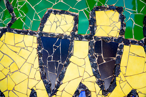 Pieces of tiles of different patterns and bright colors forming abstract figures. Pieces of tiles of different patterns and bright colors forming abstract figures, Cesar Manrique.