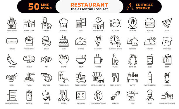 sada ikon restaurací a stravovacích služeb. ikony upravitelných tahů tenkou čarou pro menu, jídla, stravování, nápoje, kavárny, bary, rozvoz, kulinářskou značku, druhy jídel a restaurací - kafeterie podnik podávající na jídlo a pití stock ilustrace