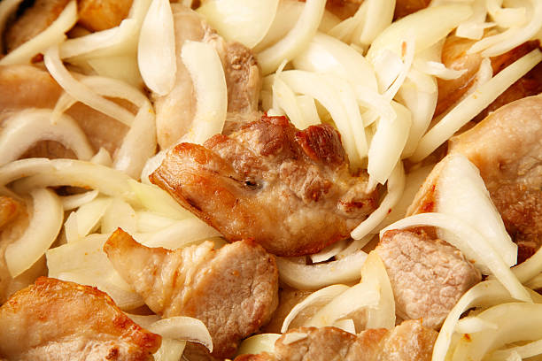 A plate of meat with onions on top. The onions are scattered all over the meat, giving it a delicious and appetizing appearance