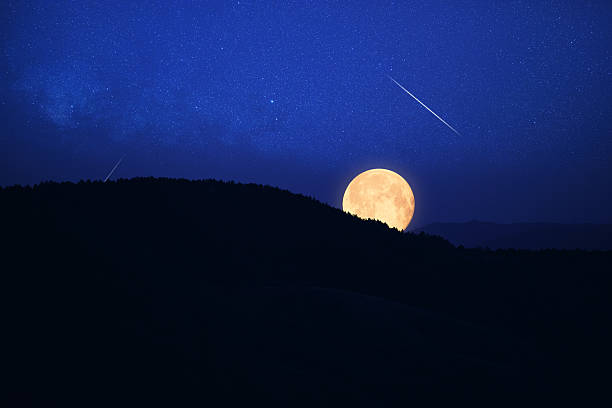 Full Moon, stars, planets and landscape scenery silhouettes.