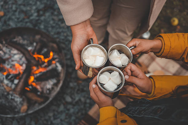 istock Group of people roasting marshmallows over a campfire, holding sticks with marshmallows near bright flames. Hot drinks with marshmallows are in their hands. Cozy outdoor moment 2207732170