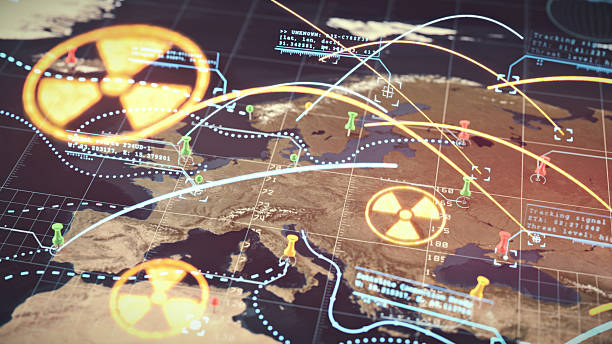 Vintage nuclear battlefield map of Europe, with glowing ballistic missile trails and digital infographic overlay