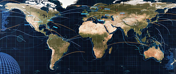 istock Global nuclear battlefield concept map, with glowing ballistic missile trails and digital infographic overlay 2207733755
