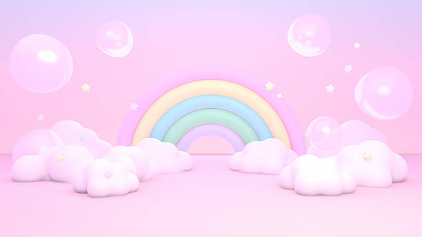 istock cartoon rainbow land with bubbles, stars, and clouds. 2207736634