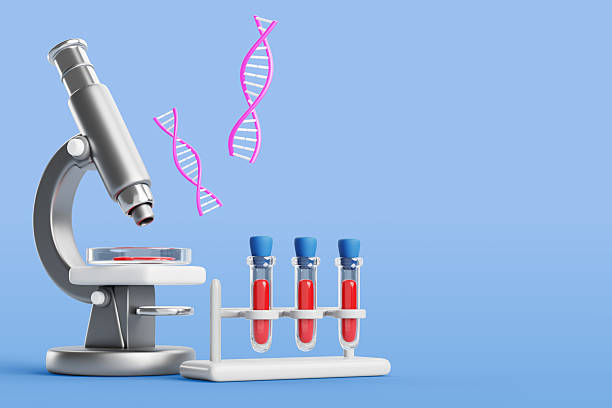 istock 3d genetic engineering banner. Microscope with blood sample, DNA helix, test tube rack. Biotechnology science research lab, gene extraction from cell, genome manipulation and mutation 2207737067