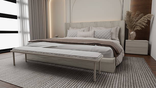 istock This modern bedroom showcases a stylish bed with plush bedding, a decorative bench at the foot, and serene textures that create a calming and inviting atmosphere perfect for relaxation. 3d render 2207738295