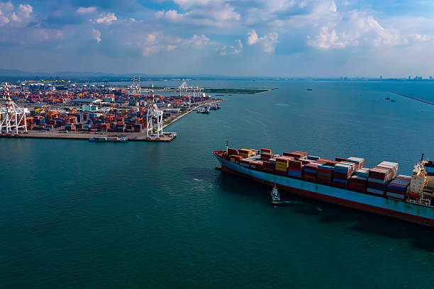 Aerial view of Business trip with ship the partner connection Container Cargo freight ship for Import Export