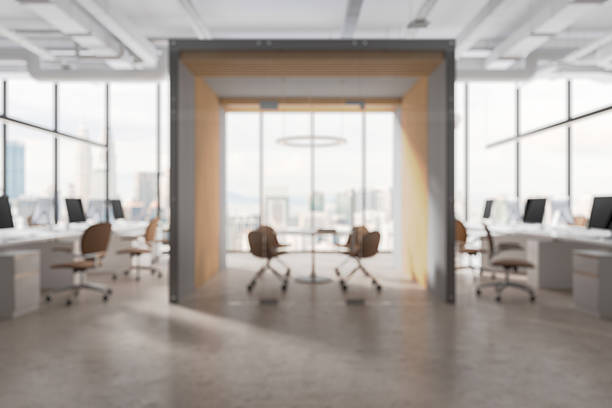 istock Modern office interior with meeting room and city view. 3D Rendering 2207741217