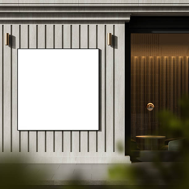 istock Blank poster mockup on textured exterior wall with vertical panels and warm lighting. 3D Rendering 2207741953