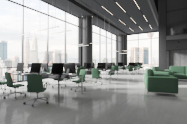 istock Modern office interior with green chairs and city view background. 3D Rendering 2207742422