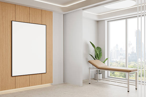 istock Modern medical office with blank poster on wooden wall. 3D Rendering 2207742647