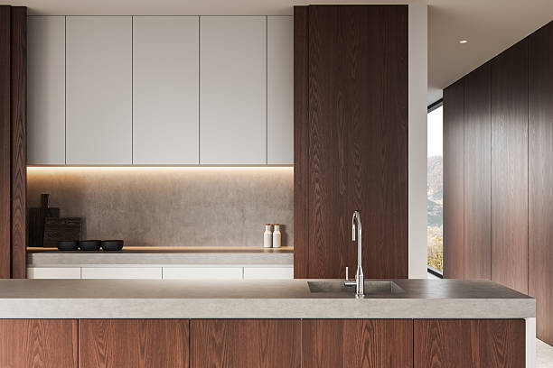 istock Modern kitchen with wood and concrete design. 3D Rendering 2207742866