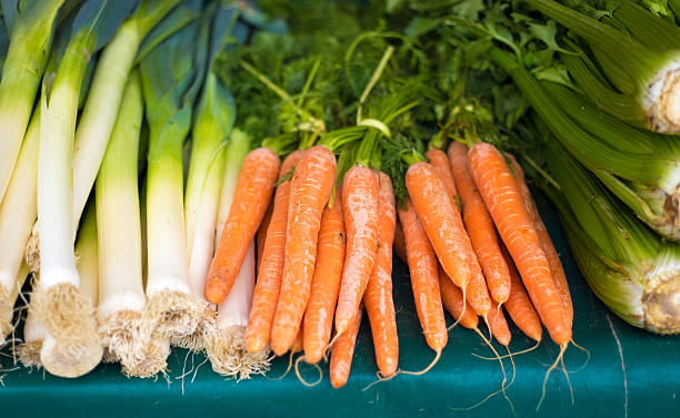Paris, France: Leeks, Carrots, Celery at Bastille Market Close-Up