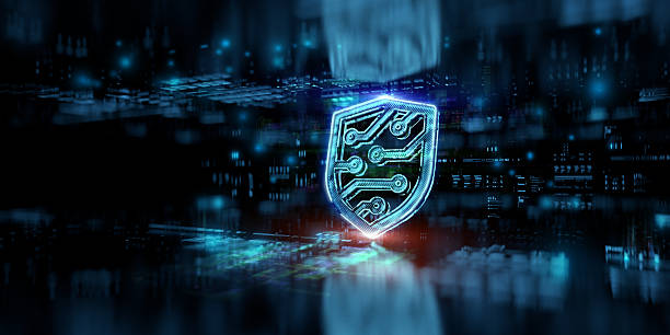 istock Digital Shield Icon - symbol of cybersecurity, encryption and internet safety. Data protection and digital safety background featuring futuristic shield icon 2207748154