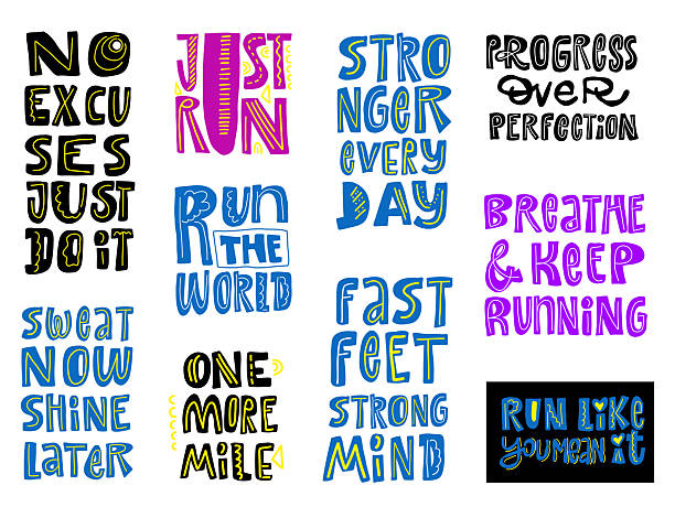 istock Colorful set of hand-drawn motivational running quotes with unique typography. Perfect for fitness, sports, and active lifestyle designs. 2207758938