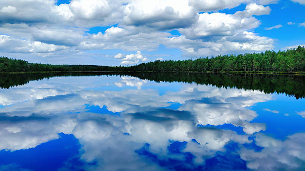 istock Forest lake in Estonia reflects blue sky and clouds 2207760474