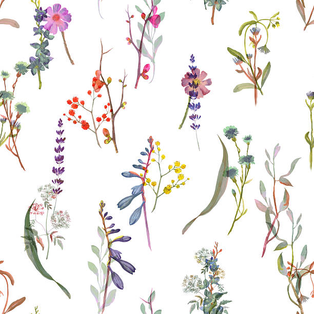 istock Seamless floral pattern with wild flowers, twigs and leaves painted with watercolor. Floral print for fabric, wallpaper in cottagecore style. 2207769310