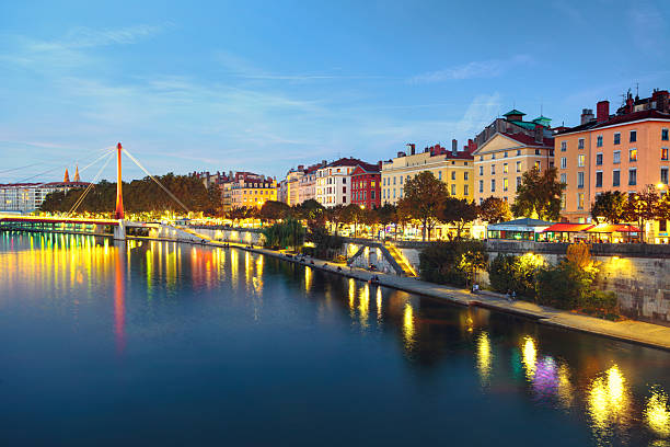 Lyon view with townhouses along Quai des Célestins and Passerelle Pierre-Truche