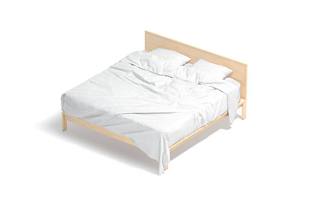 istock Blank wooden double bed with white bedding mockup, side view 2207773158