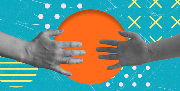 istock Digital collage modern art. Hands reaching together and shaking. 2207774064