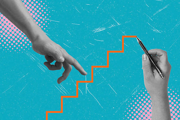 istock Modern art collage with drawn ladder and rising hand on blue background. 2207774181