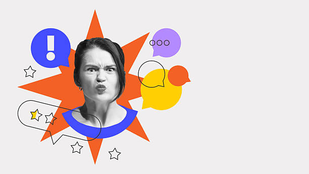 istock Angry woman with 1-star rating and exclamation mark. Negative customer experience expressed through strong emotional feedback 2207775191