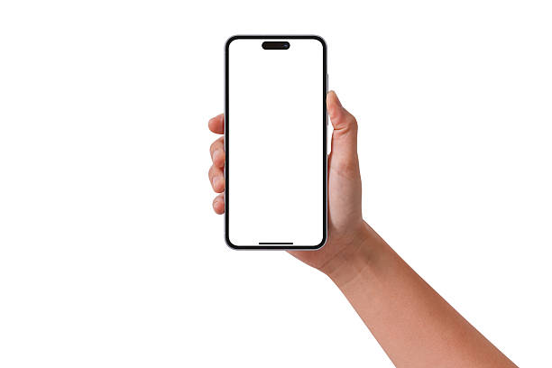 istock Hand holding smartphone with blank screen isolated on white background. 2207776545