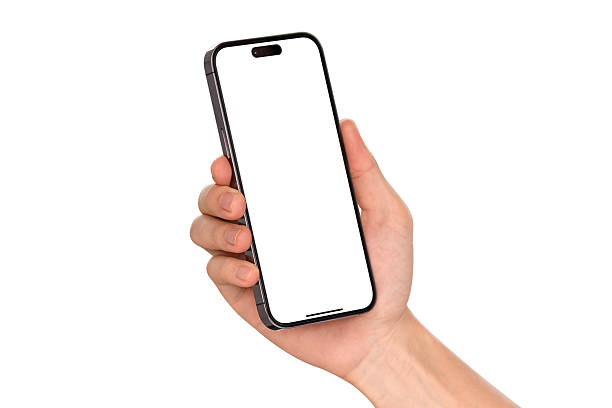 istock Hand holding smartphone with blank screen isolated on white background. 2207776548