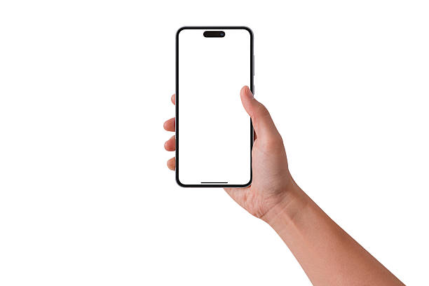istock Hand holding smartphone with blank screen isolated on white background. 2207776549
