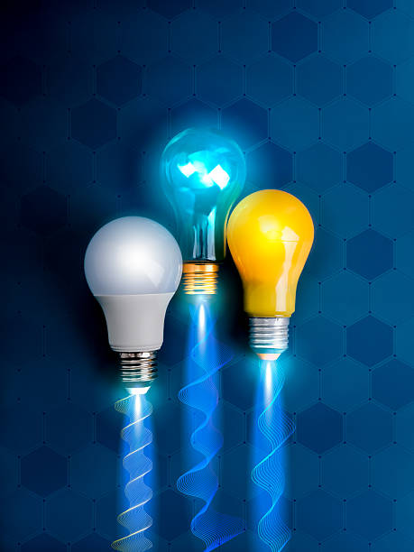 istock Business and innovation compete, creative idea, digital marketing technology concept. 3 lightbulbs with wave line graphics as fire smoke, as spaceship or rocket launch on blue network background. 2207785212