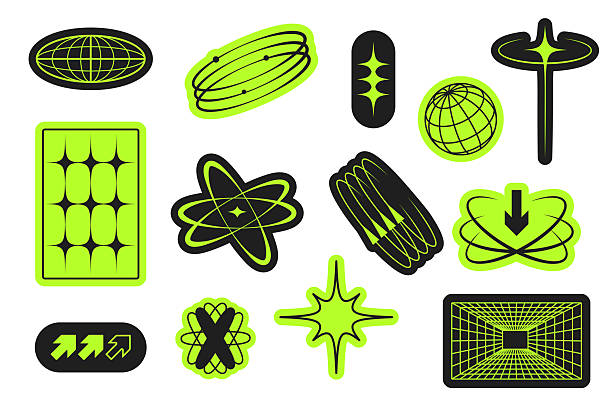 Collection of neon green Y2K style stickers with futuristic shapes and symbols