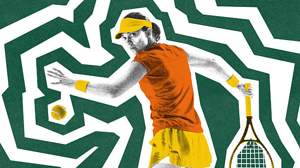 istock Poster. Contemporary art collage. Focused tennis player turning for backhand stroke within geometric green swirl. 2207791121