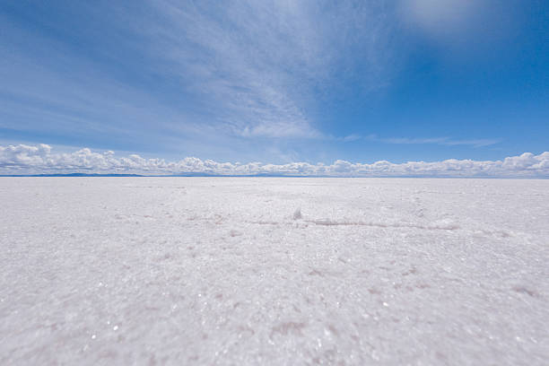 Expansive salt flat with a shimmering white surface under a wide blue sky. Horizon stretches endlessly. Beautiful natural landscape for travelers and nature enthusiasts.