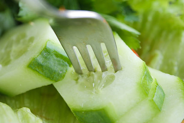 Fresh cucumber slices with vibrant greens, perfect for salads served with a fork