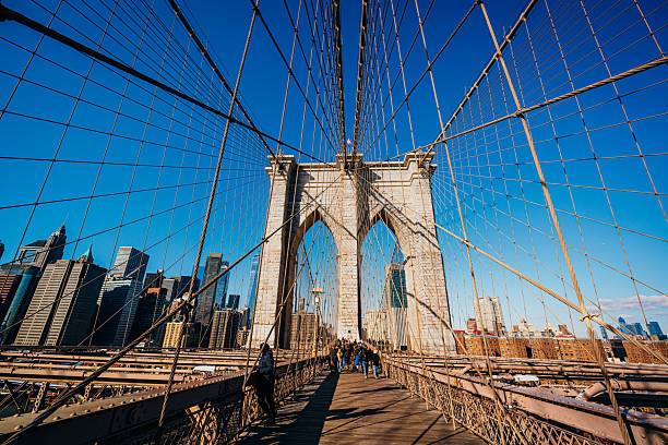 A stunning perspective of the Brooklyn Bridge, showcasing its iconic architecture, with the Manhattan skyline in the background under a brightly lit clear blue sky.