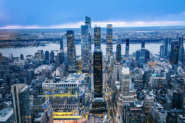 Aerial View of Manhattan Skyline Under a Twilight Sky