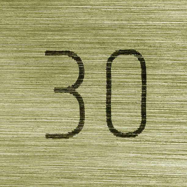 istock Scratched golden numbers 30 or thirty on a piece metallic panel. Abstarct numeral background. 2207824223